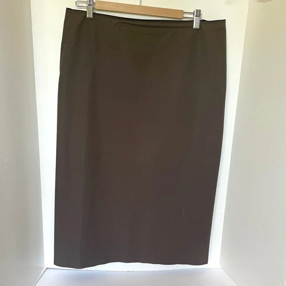LAFAYETTE 148 Pencil Skirt 12 Khaki Green Straight Cotton Twill Stretch BackVent